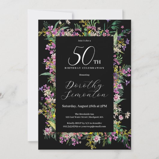 Invitation Exotique violet rose jaune Fleur sauvage 50e anniv (Devant)