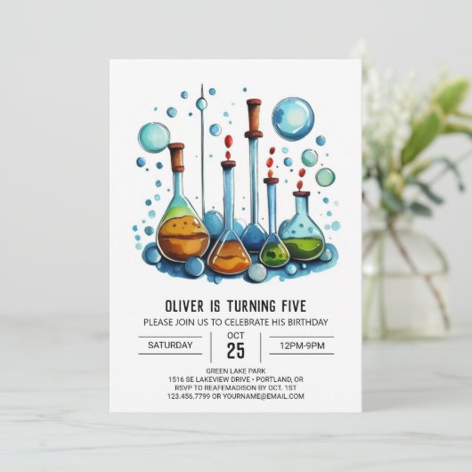 Invitation Expérience en ligne Whimsy Scientist Anniversaire (Debout devant)