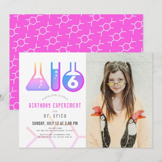 Invitation Expérience scientifique Neon rose fille photo Anni (Devant / Derrière)