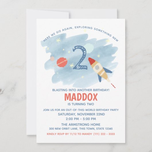 Invitation Explorez l'espace Deuxième anniversaire (Devant)