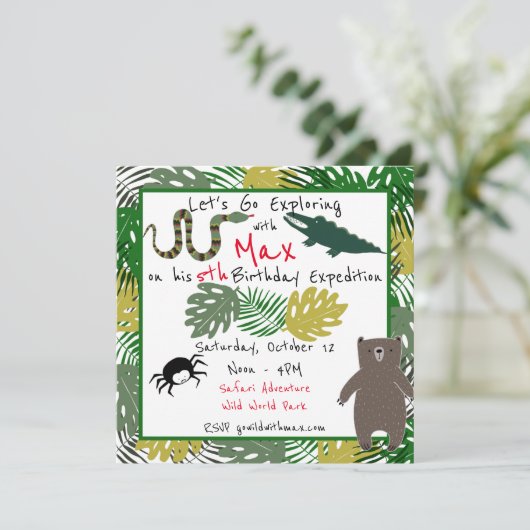 Invitation Explorons Birthday Jungle Safari Anniversaire (Debout devant)