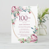 Invitation Exquise rose mauve floral 100e anniversaire (Debout devant)
