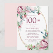 Invitation Exquise rose mauve floral 100e anniversaire (Devant / Derrière)