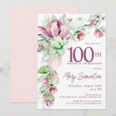 Invitation Exquise rose mauve floral 100e anniversaire (Devant / Derrière)