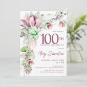 Invitation Exquise rose mauve floral 100e anniversaire (Debout devant)