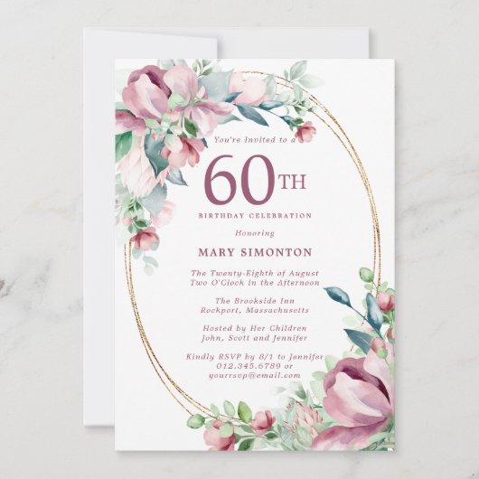 Invitation Exquise rose mauve Floral 60e anniversaire (Devant)
