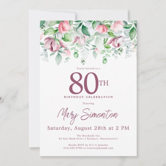 Invitation Exquise rose mauve Floral 80e anniversaire (Devant)