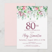 Invitation Exquise rose mauve Floral 80e anniversaire (Devant / Derrière)