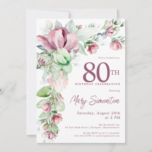 Invitation Exquise rose mauve Floral 80e anniversaire (Devant)