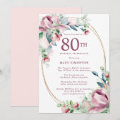 Invitation Exquise rose mauve Floral 80e anniversaire (Devant / Derrière)