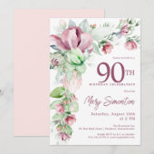 Invitation Exquise rose mauve Floral 90e anniversaire (Devant / Derrière)