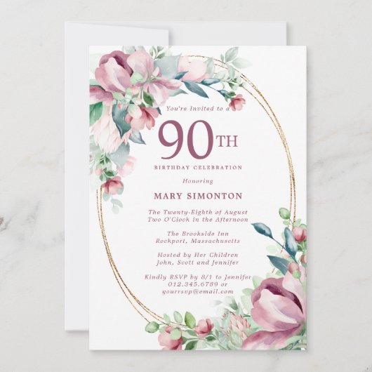 Invitation Exquise rose mauve Floral 90e anniversaire (Devant)