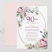 Invitation Exquise rose mauve Floral 90e anniversaire (Devant / Derrière)