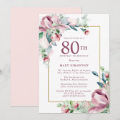 Invitation Exquise Rose Rose Floral 80e anniversaire (Devant / Derrière)