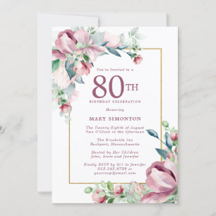 Invitation Exquise Rose Rose Floral 80e anniversaire
