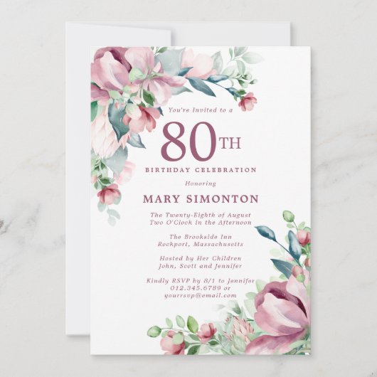 Invitation Exquise Rose Rose Floral 80e anniversaire (Devant)