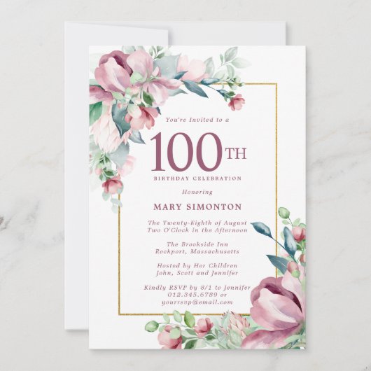 Invitation Exquise Rose rose florale 100e anniversaire (Devant)