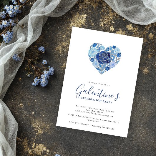 Invitation Exquisite Blue Floral Heart Galentine's Day Party 