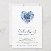 Invitation Exquisite Blue Floral Heart Galentine's Day Party  (Devant)