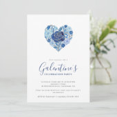 Invitation Exquisite Blue Floral Heart Galentine's Day Party  (Debout devant)