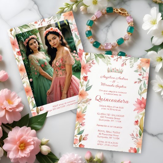 Invitation Exquisite Botanical Frame Quinceañera Twins Photo