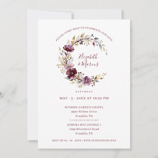 Invitation Exquisite Burgundy Wedding Floral Garland (Devant)