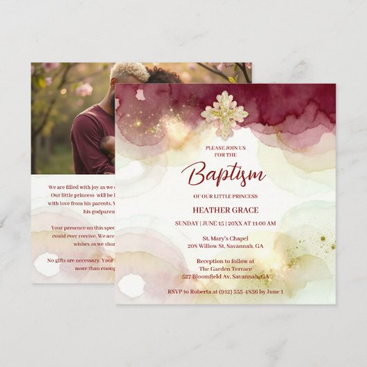 Invitation Exquisite Cross Burgundy & Gold Glitter Baptism (Devant / Derrière)