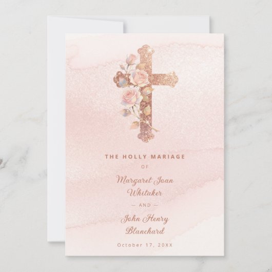 Invitation Exquisite Glitter Pink Floral Christian Cross (Devant)