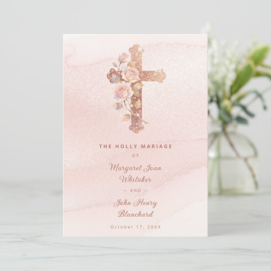Invitation Exquisite Glitter Pink Floral Christian Cross (Debout devant)
