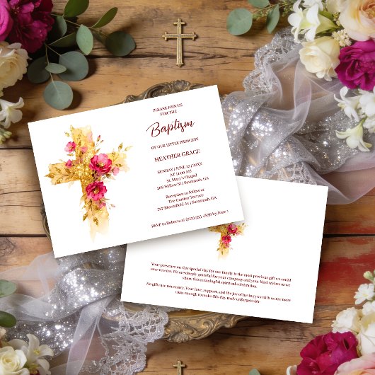 Invitation Exquisite Golden Glitter Floral Cross Baptism