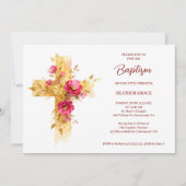Invitation Exquisite Golden Glitter Floral Cross Baptism (Devant)