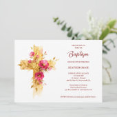 Invitation Exquisite Golden Glitter Floral Cross Baptism (Debout devant)