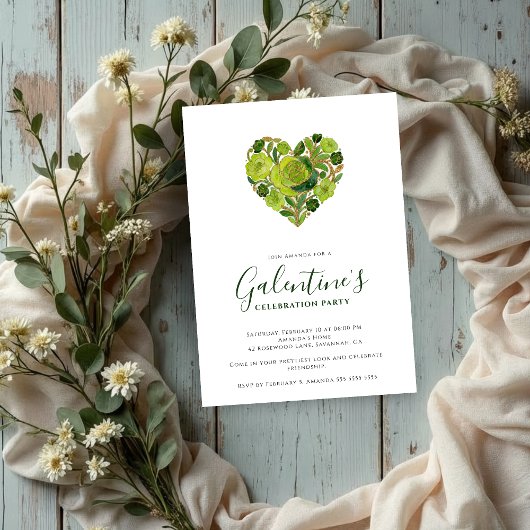 Invitation Exquisite Green Floral Heart Galentine's Day