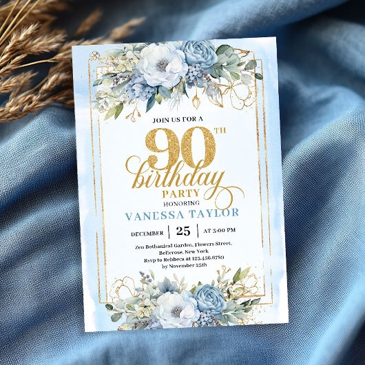 Invitation Exquisite pale blue gold style 90th birthday  
