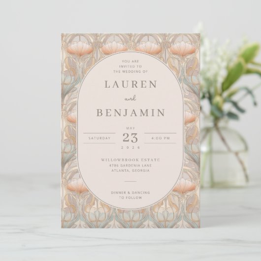 Invitation Exquisite Peach Floral Pattern (Debout devant)