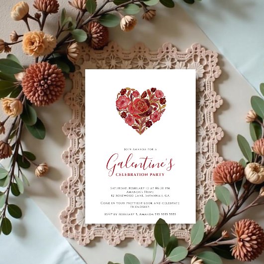 Invitation Exquisite Red Floral Heart Galentine's Day Party 