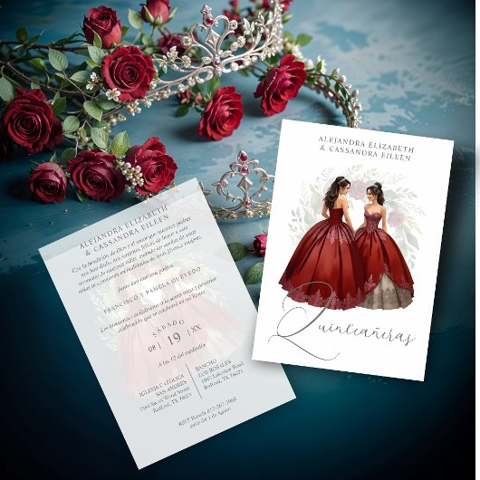 Invitation Exquisite Romantic Spanish Quinceañera Dolls Twins