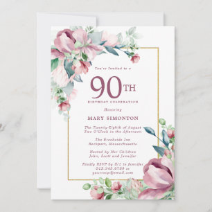 Invitation Exquisite Rose Fleur Rose 90e Anniversaire