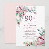 Invitation Exquisite Rose Fleur Rose 90e Anniversaire (Devant / Derrière)