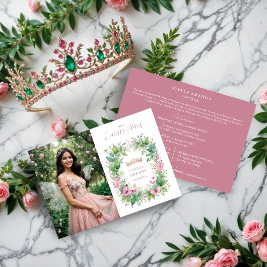 Invitation Exquisite Spring Tiara Pink & Green Floral Spanish