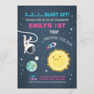 Invitation Extérieur de l'espace rose fille 1er anniversaire