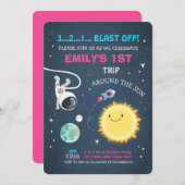 Invitation Extérieur de l'espace rose fille 1er anniversaire  (Devant / Derrière)