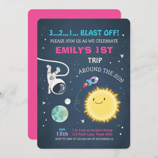 Invitation Extérieur de l'espace rose fille 1er anniversaire (Devant / Derrière)