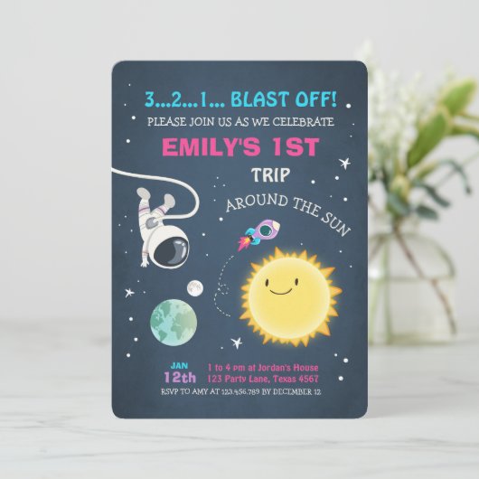 Invitation Extérieur de l'espace rose fille 1er anniversaire  (Debout devant)