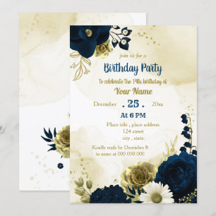 Invitation Extraordinaire marine bleu ivoire fleurs or annive
