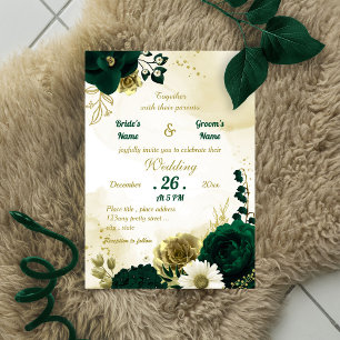 Invitation Extraordinaire vert émeraude fleurs d'or mariage