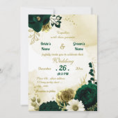 Invitation Extraordinaire vert émeraude fleurs d'or mariage (Devant)