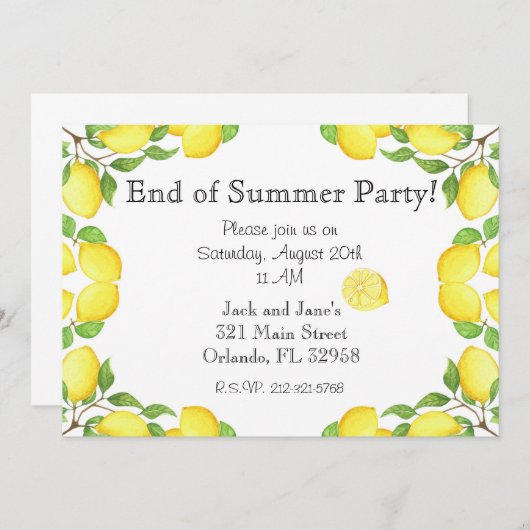 Invitation Extrémité de citron d'aquarelle d'invitation de (Devant / Derrière)