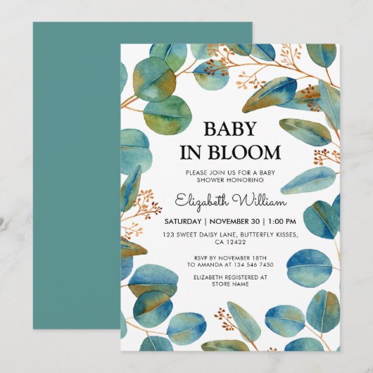 Invitation Eycalyptus Rustique Bébé Dans Le Baby shower En Fl (Devant / Derrière)