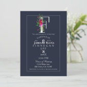 Invitation F Monogramme Dernier initial bleu Floral Mariage (Debout devant)